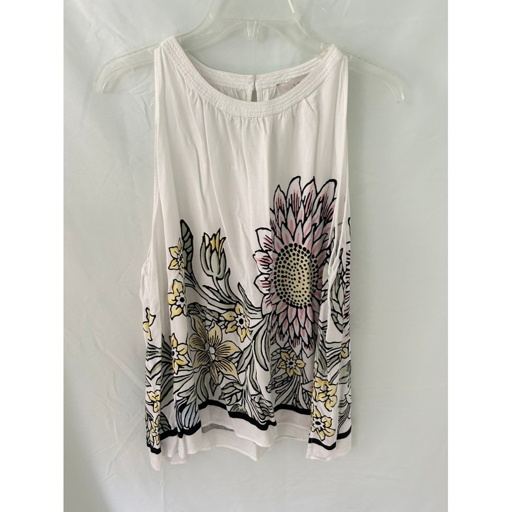 LOFT Womens XL White Sunflower Floral Sleeveless Viscose Blouse Keyhole Back